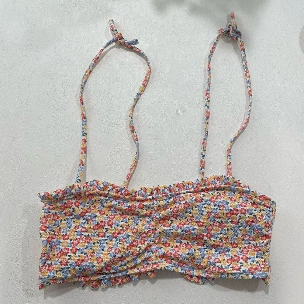 Hollister Smocked Floral Bikini Top | Ruffle Tie-Strap Swim | Size L
